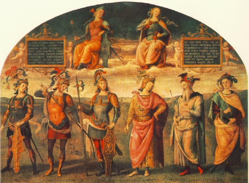 PERUGINO, Pietro Fortitude and Temperance with Six Antique Heroes